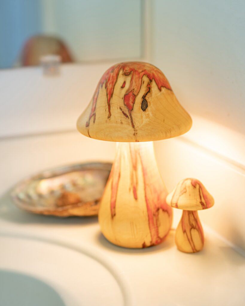 Flaming box elder mushroom lights displayed in bathroom